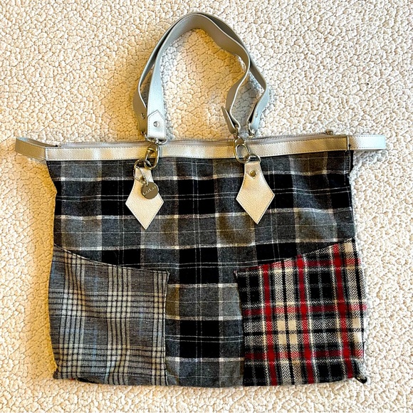 LuLu Convertible Grey, Red, Black Plaid Patchwork Tote Bag Unique‎ - Picture 1 of 15